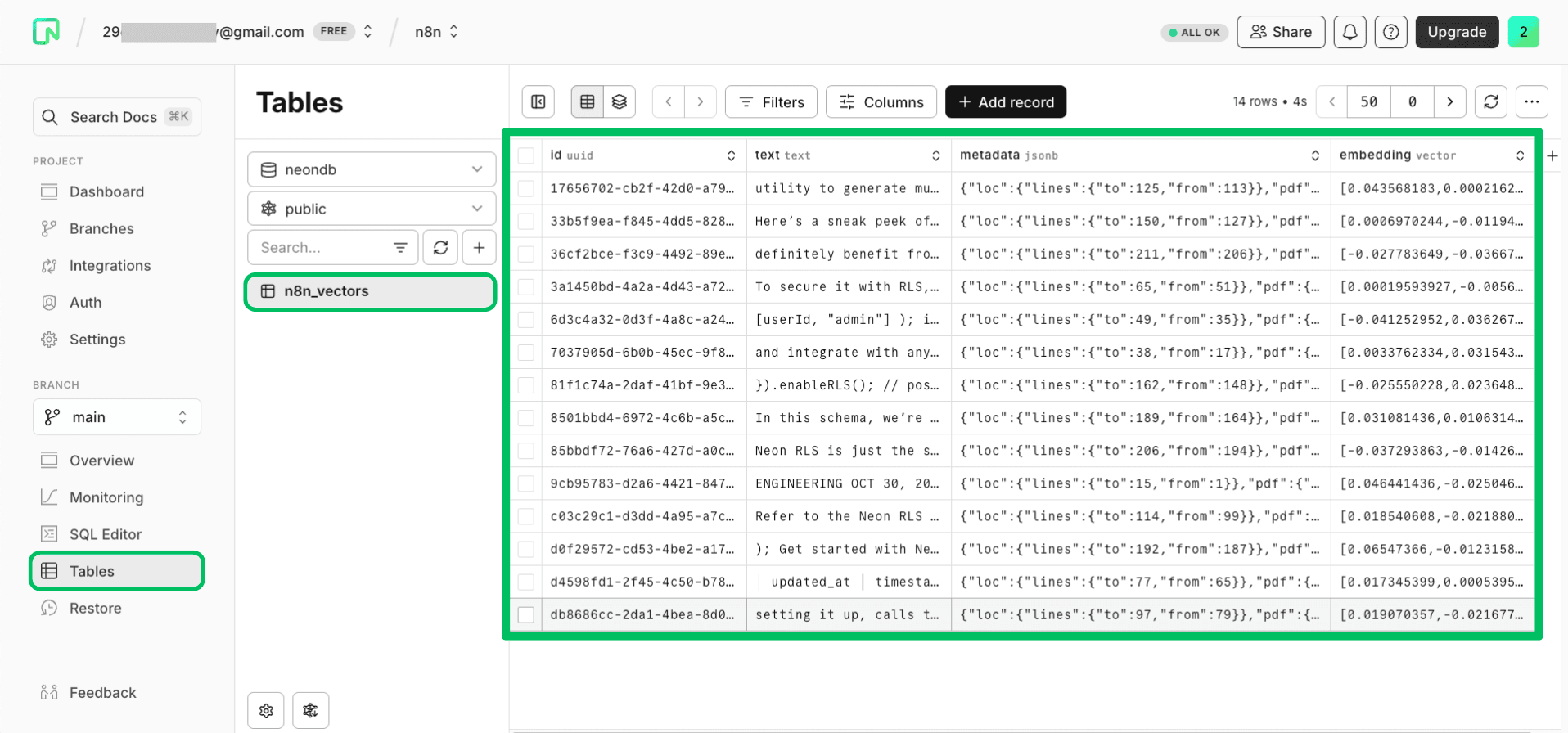 Verifying data in Neon Console