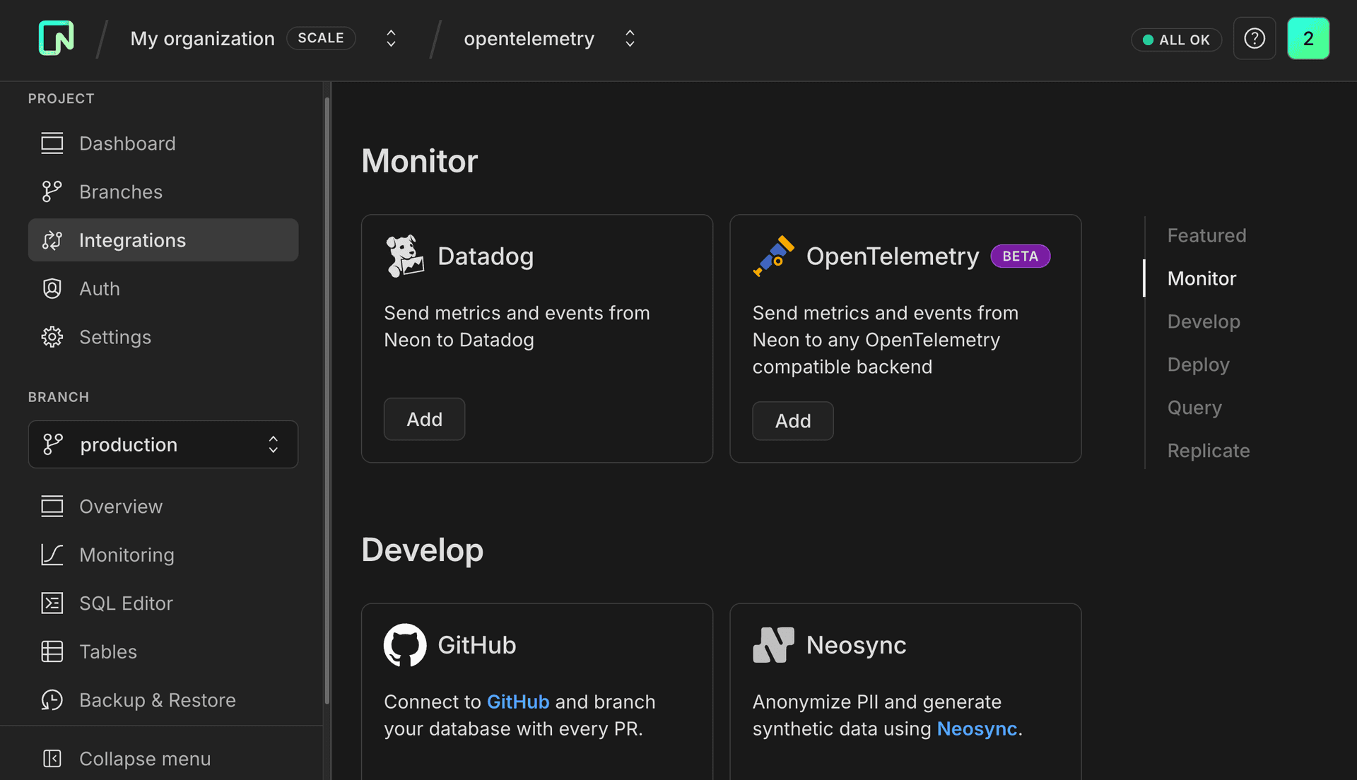 Neon Integrations page with OpenTelemetry card